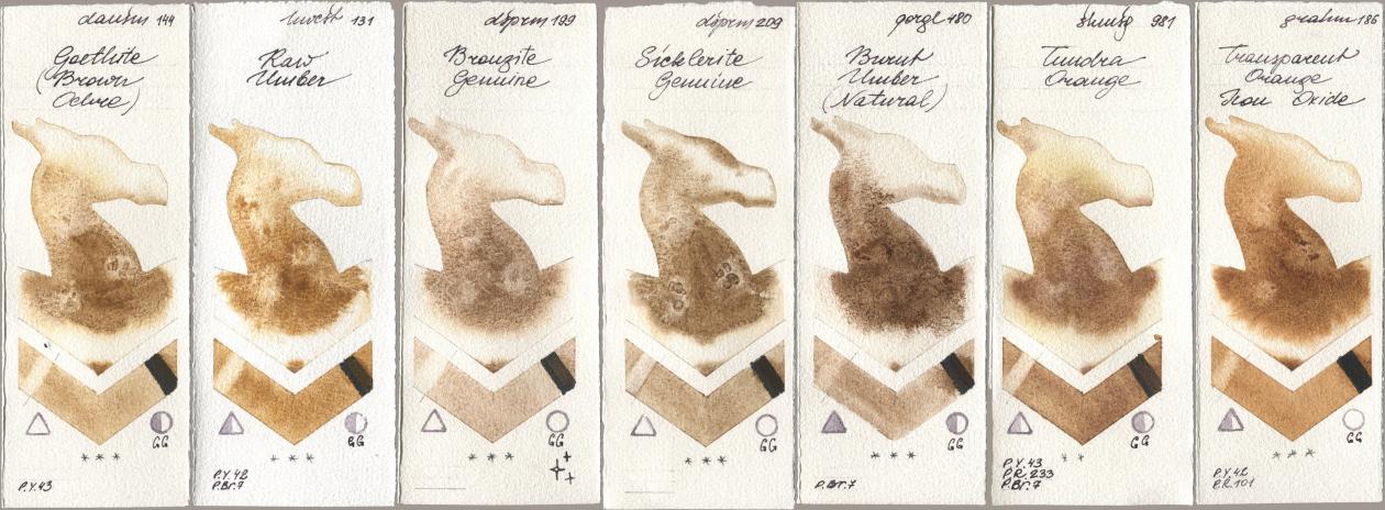 Daniel Smith 144 Goethite (Brown Ochre), Holbein Artists Watercolor 131 Raw Umber, 199 Bronzite Genuine, 209 Sicklerite Genuine, Golden QOR 480 Burnt Umber (Natural), Shminke Horadam Aquarell 981 Tundra Orange, M. Graham & Co. Artists 186 Transparent Orange Iron Oxi watercolor swatch