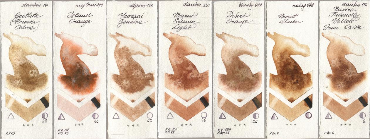 Daniel Smith 144 Goethite (Brown Ochre), Mijello Mission Gold 844 Island Orange, 146 Yavapai Genuine, 230 Burnt Sienna Light, Shminke Horadam Aquarell 922 Desert Orange, Rosa Gallery 746 Burnt Umber, 176 Enviro-Friendly Yellow Iron Oxi watercolor swatch