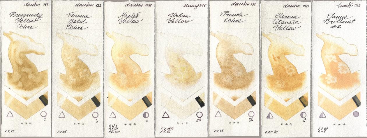 Daniel Smith 147 Burgundy Yellow Ochre, 123 Verona Gold Ochre, 058 Naples Yellow, Shminke Horadam Aquarell 916 Urban Yellow, 134 French Ochre, 253 Chrome Titanate Yellow, Holbein Artists Watercolor 032 Jaune Brillant No watercolor swatch