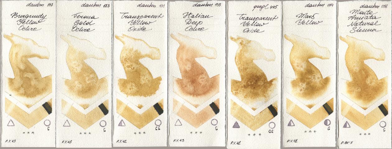 Daniel Smith 147 Burgundy Yellow Ochre, 123 Verona Gold Ochre, 131 Transparent Yellow Oxide, 135 Italian Deep Ochre, Golden QOR 445 Transparent Yellow Oxide, 054 Mars Yellow, 056 Monte Amiata Natural Sien watercolor swatch