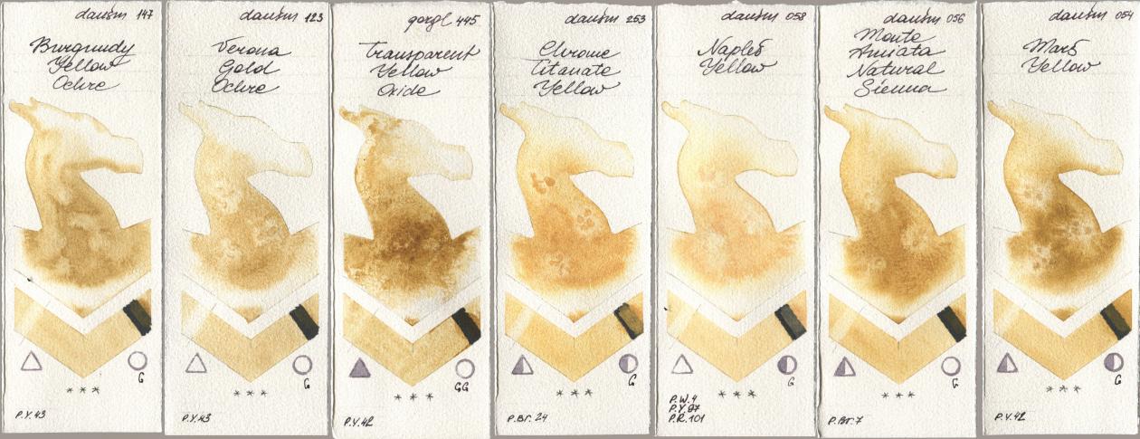 Daniel Smith 147 Burgundy Yellow Ochre, 123 Verona Gold Ochre, Golden QOR 445 Transparent Yellow Oxide, 253 Chrome Titanate Yellow, 058 Naples Yellow, 056 Monte Amiata Natural Sienna, 054 Mars Yell watercolor swatch