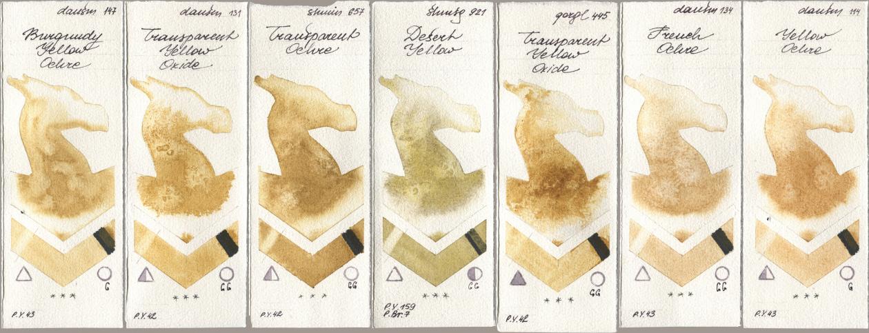 Daniel Smith 147 Burgundy Yellow Ochre, 131 Transparent Yellow Oxide, Shminke Horadam Aquarell 657 Transparent Ochre, 921 Desert Yellow, Golden QOR 445 Transparent Yellow Oxide, 134 French Ochre, 114 Yellow Och watercolor swatch
