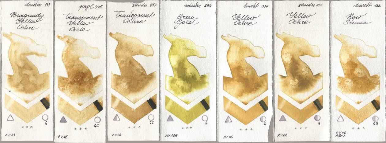 Daniel Smith 147 Burgundy Yellow Ochre, Golden QOR 445 Transparent Yellow Oxide, Shminke Horadam Aquarell 657 Transparent Ochre, Winsor & Newton Professional 294 Green Gold, Holbein Artists Watercolor 034 Yellow Ochre, 655 Yellow Ochre, 132 Raw Sien watercolor swatch