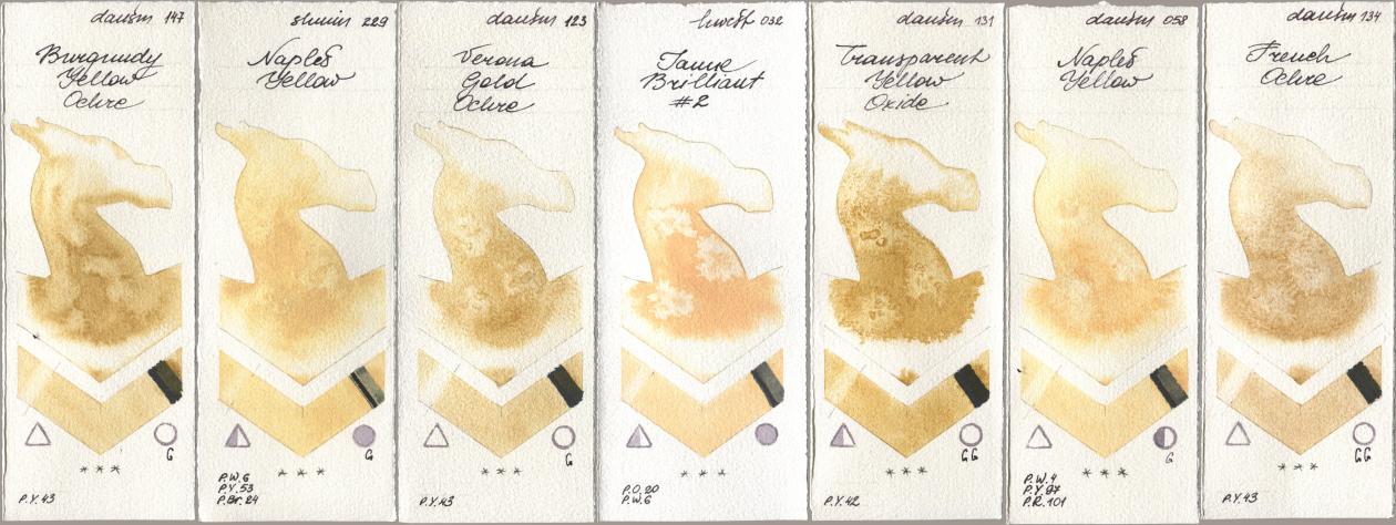 Daniel Smith 147 Burgundy Yellow Ochre, Shminke Horadam Aquarell 229 Naples Yellow, 123 Verona Gold Ochre, Holbein Artists Watercolor 032 Jaune Brillant No 2, 131 Transparent Yellow Oxide, 058 Naples Yellow, 134 French Och watercolor swatch