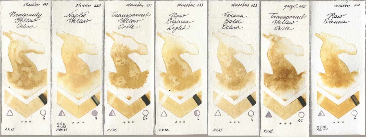 Daniel Smith 147 Burgundy Yellow Ochre, Shminke Horadam Aquarell 229 Naples Yellow, 131 Transparent Yellow Oxide, 233 Raw Sienna Light, 123 Verona Gold Ochre, Golden QOR 445 Transparent Yellow Oxide, Winsor & Newton Professional 552 Raw Sien watercolor swatch