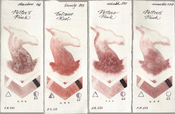 Daniel Smith 148 Potters Pink, Shminke Horadam Aquarell 913 Volcano Red, Winsor & Newton Professional 537 Potters Pink, Maimeri Blu 479 Potters Pi watercolor swatch