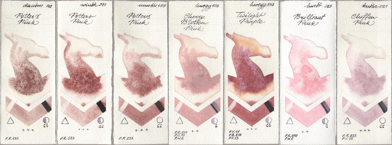 Daniel Smith 148 Potters Pink, Winsor & Newton Professional 537 Potters Pink, Maimeri Blu 479 Potters Pink, Holbein Artists Watercolor 503 Cherry Blossom Pink, 543 Twilight Purple, 025 Brilliant Pink, Kusakabe 021 Chiffon Pi watercolor swatch