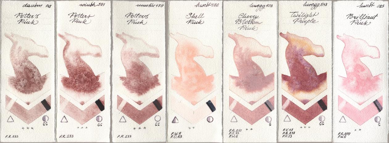 Daniel Smith 148 Potters Pink, Winsor & Newton Professional 537 Potters Pink, Maimeri Blu 479 Potters Pink, Holbein Artists Watercolor 026 Shell Pink, 503 Cherry Blossom Pink, 543 Twilight Purple, 025 Brilliant Pi watercolor swatch