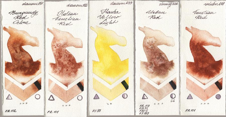 Daniel Smith 151 Burgundy Red Ochre vs 122 Italian Venetian Red vs 039 Hansa Yellow Light vs Shminke Horadam Aquarell 926 Urban Red vs Winsor & Newton Professional 678 Venetian Red watercolor swatch