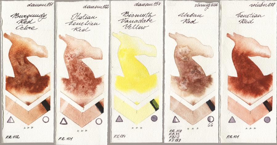 Daniel Smith 151 Burgundy Red Ochre vs 122 Italian Venetian Red vs 154 Bismuth Vanadate Yellow vs Shminke Horadam Aquarell 926 Urban Red vs Winsor & Newton Professional 678 Venetian Red watercolor swatch