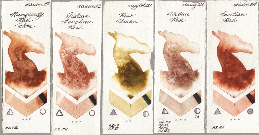 Daniel Smith 151 Burgundy Red Ochre vs 122 Italian Venetian Red vs Mijello Mission Gold 563 Raw Umber vs Shminke Horadam Aquarell 926 Urban Red vs Winsor & Newton Professional 678 Venetian Red watercolor swatch