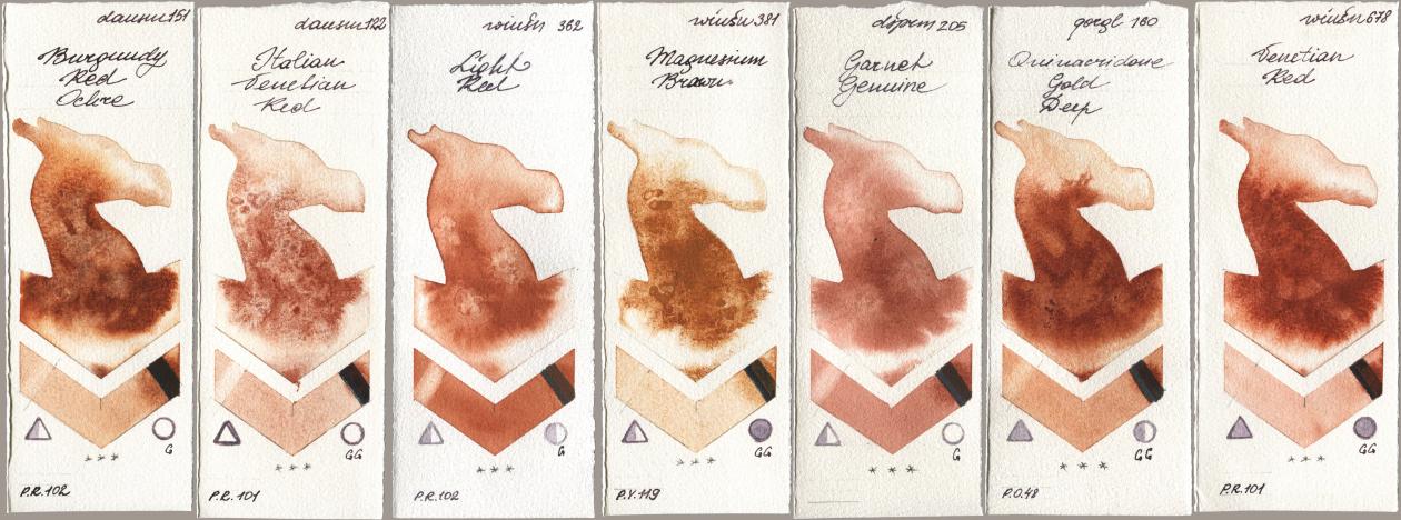 Daniel Smith 151 Burgundy Red Ochre, 122 Italian Venetian Red, Winsor & Newton Professional 362 Light Red, 381 Magnesuim Brown, 205 Garnet Genuine, Golden QOR 160 Quinacridone Gold Deep, 678 Venetian R watercolor swatch