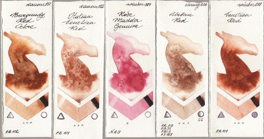 Daniel Smith 151 Burgundy Red Ochre vs 122 Italian Venetian Red vs Winsor & Newton Professional 587 Rose Madder Genuine vs Shminke Horadam Aquarell 926 Urban Red vs 678 Venetian Red watercolor swatch