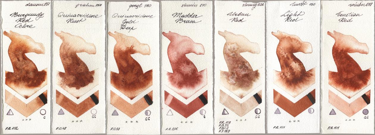 Daniel Smith 151 Burgundy Red Ochre, M. Graham & Co. Artists 157 Quinacridone Rust, Golden QOR 160 Quinacridone Gold Deep, Shminke Horadam Aquarell 670 Madder Brown, 926 Urban Red, Holbein Artists Watercolor 130 Light Red, Winsor & Newton Professional 678 Venetian R watercolor swatch