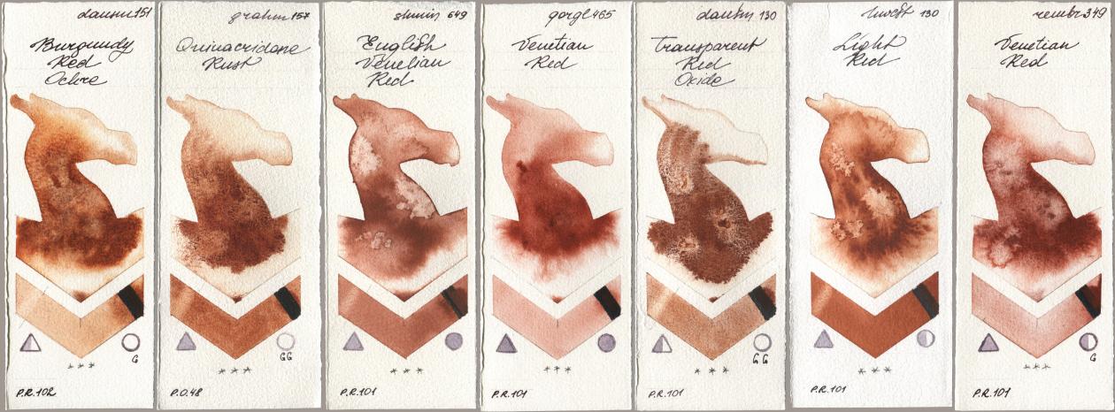 Daniel Smith 151 Burgundy Red Ochre, M. Graham & Co. Artists 157 Quinacridone Rust, Shminke Horadam Aquarell 649 English Venetian Red, Golden QOR 465 Venetian Red, 130 Transparent Red Oxide, Holbein Artists Watercolor 130 Light Red, Royal Talens Rembrandt Watercolour 349 Venerian R watercolor swatch