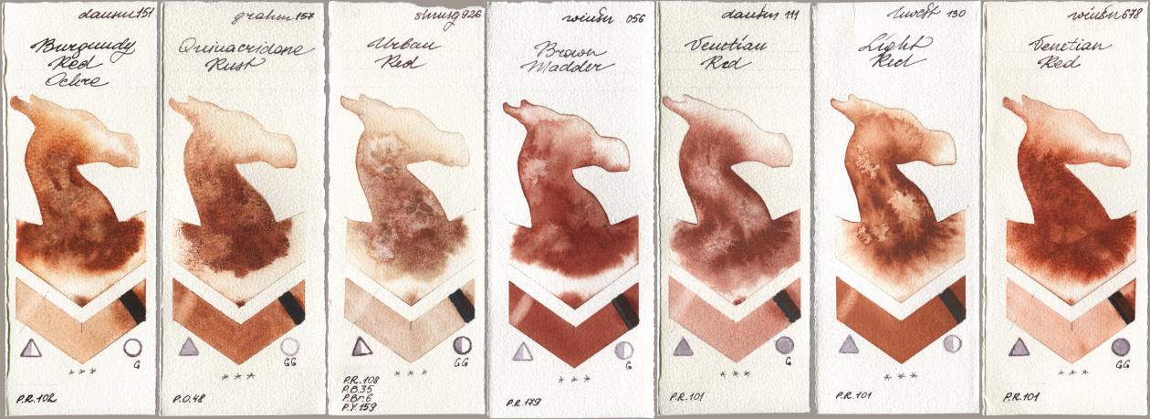Daniel Smith 151 Burgundy Red Ochre, M. Graham & Co. Artists 157 Quinacridone Rust, Shminke Horadam Aquarell 926 Urban Red, Winsor & Newton Professional 056 Brown Madder, 111 Venetian Red, Holbein Artists Watercolor 130 Light Red, 678 Venetian R watercolor swatch