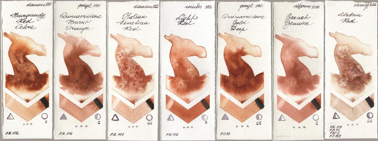 Daniel Smith 151 Burgundy Red Ochre, Golden QOR 165 Quinacridone Burnt Orange, 122 Italian Venetian Red, Winsor & Newton Professional 362 Light Red, 160 Quinacridone Gold Deep, 205 Garnet Genuine, Shminke Horadam Aquarell 926 Urban R watercolor swatch
