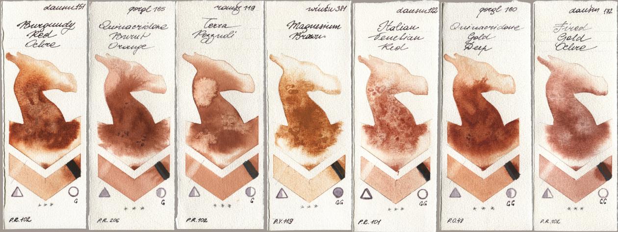 Daniel Smith 151 Burgundy Red Ochre, Golden QOR 165 Quinacridone Burnt Orange, Roman Szmal Aquarius 119 Terra Pozzuoli, Winsor & Newton Professional 381 Magnesuim Brown, 122 Italian Venetian Red, 160 Quinacridone Gold Deep, 172 Fired Gold Och watercolor swatch