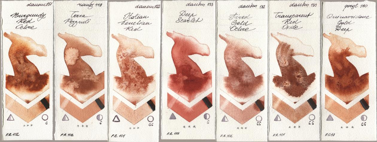 Daniel Smith 151 Burgundy Red Ochre, Roman Szmal Aquarius 119 Terra Pozzuoli, 122 Italian Venetian Red, 033 Deep Scarlet, 172 Fired Gold Ochre, 130 Transparent Red Oxide, Golden QOR 160 Quinacridone Gold De watercolor swatch