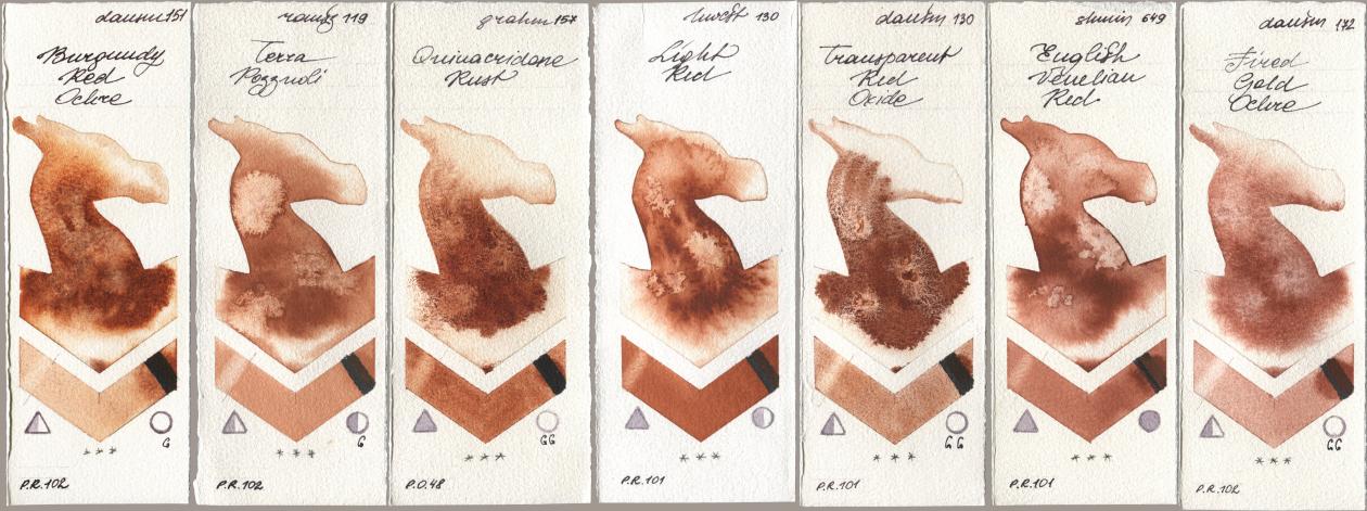 Daniel Smith 151 Burgundy Red Ochre, Roman Szmal Aquarius 119 Terra Pozzuoli, M. Graham & Co. Artists 157 Quinacridone Rust, Holbein Artists Watercolor 130 Light Red, 130 Transparent Red Oxide, Shminke Horadam Aquarell 649 English Venetian Red, 172 Fired Gold Och watercolor swatch
