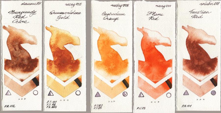 Daniel Smith 151 Burgundy Red Ochre vs Rosa Gallery 735 Quinacridone Gold vs 705 Cadmium Orange vs 734 Flame Red vs Winsor & Newton Professional 678 Venetian Red watercolor swatch
