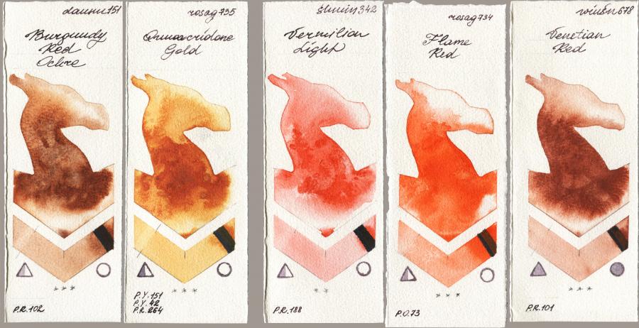 Daniel Smith 151 Burgundy Red Ochre vs Rosa Gallery 735 Quinacridone Gold vs Shminke Horadam Aquarell 342 Vermilion Light vs 734 Flame Red vs Winsor & Newton Professional 678 Venetian Red watercolor swatch