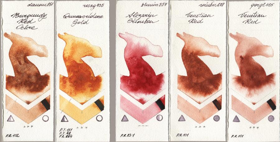 Daniel Smith 151 Burgundy Red Ochre vs Rosa Gallery 735 Quinacridone Gold vs Shminke Horadam Aquarell 357 Alizarin Crimson vs Winsor & Newton Professional 678 Venetian Red vs Golden QOR 465 Venetian Red watercolor swatch