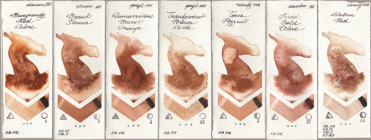 Daniel Smith 151 Burgundy Red Ochre, Shminke Horadam Aquarell 661 Burnt Sienna, Golden QOR 165 Quinacridone Burnt Orange, 475 Transparent Brown Oxide, Roman Szmal Aquarius 119 Terra Pozzuoli, 172 Fired Gold Ochre, 926 Urban R watercolor swatch