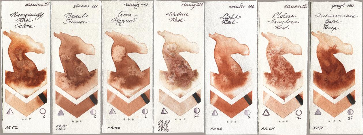 Daniel Smith 151 Burgundy Red Ochre, Shminke Horadam Aquarell 661 Burnt Sienna, Roman Szmal Aquarius 119 Terra Pozzuoli, 926 Urban Red, Winsor & Newton Professional 362 Light Red, 122 Italian Venetian Red, Golden QOR 160 Quinacridone Gold De watercolor swatch