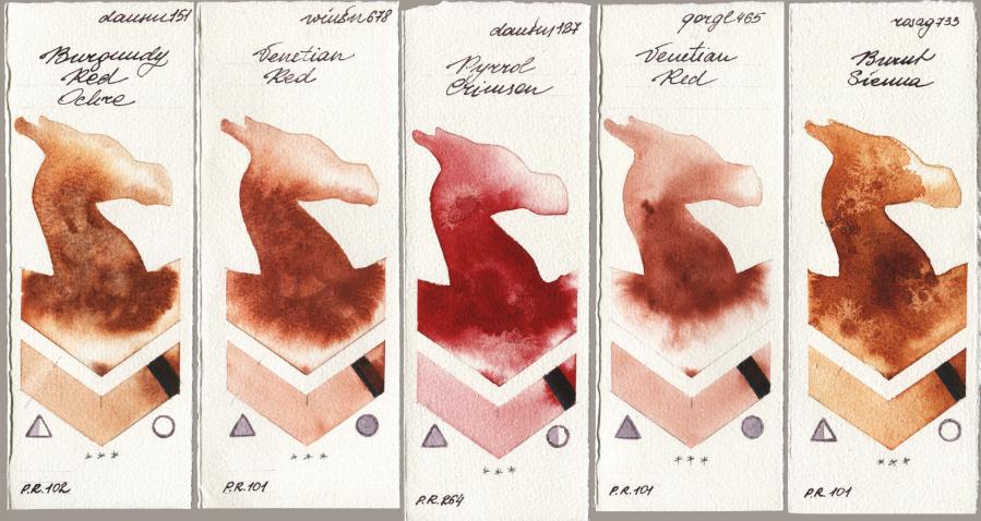 Daniel Smith 151 Burgundy Red Ochre vs Winsor & Newton Professional 678 Venetian Red vs 127 Pyrrol Crimson vs Golden QOR 465 Venetian Red vs Rosa Gallery 733 Burnt Sienna watercolor swatch