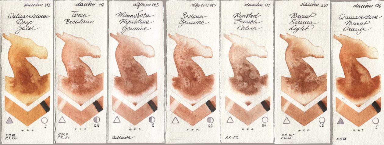 Daniel Smith 152 Quinacridone Deep Gold, 117 Terre Ercolano, 143 Minnesota Pipestone Genuine, 145 Sedona Genuine, 171 Roasted French Ochre, 230 Burnt Sienna Light, 086 Quinacridone Burnt Oran watercolor swatch