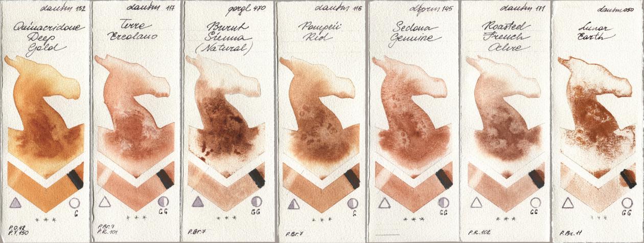 Daniel Smith 152 Quinacridone Deep Gold, 117 Terre Ercolano, Golden QOR 470 Burnt Sienna (Natural), 116 Pompeii Red, 145 Sedona Genuine, 171 Roasted French Ochre, 050 Lunar Ear watercolor swatch