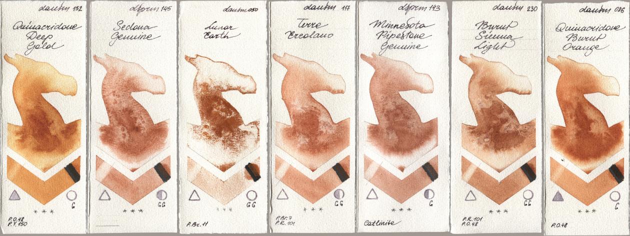 Daniel Smith 152 Quinacridone Deep Gold, 145 Sedona Genuine, 050 Lunar Earth, 117 Terre Ercolano, 143 Minnesota Pipestone Genuine, 230 Burnt Sienna Light, 086 Quinacridone Burnt Oran watercolor swatch