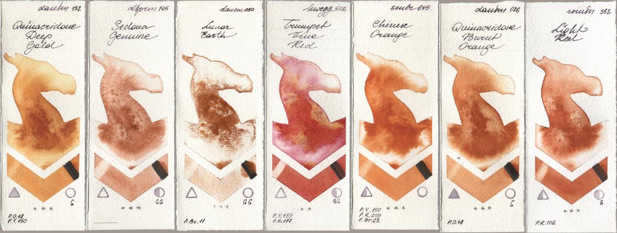 Daniel Smith 152 Quinacridone Deep Gold, 145 Sedona Genuine, 050 Lunar Earth, Holbein Artists Watercolor 502 Trumpet Vine Red, Sennelier l Aquarelle 645 Chinese Orange, 086 Quinacridone Burnt Orange, Winsor & Newton Professional 362 Light R watercolor swatch