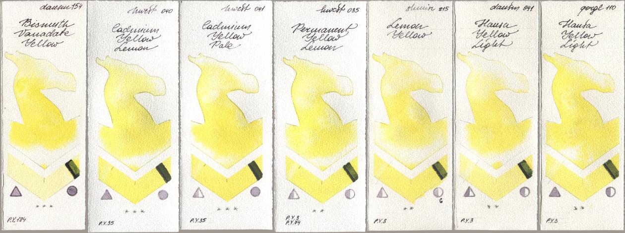 Daniel Smith 154 Bismuth Vanadate Yellow, Holbein Artists Watercolor 040 Cadmium Yellow Lemon, 041 Cadmium Yellow Pale, 035 Permanent Yellow Lemon, Shminke Horadam Aquarell 215 Lemon Yellow, 041 Hansa Yellow Light, Golden QOR 110 Hansa Yellow Lig watercolor swatch