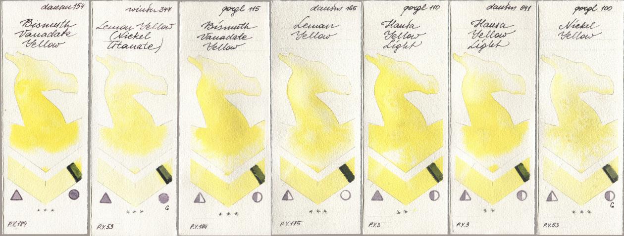 Daniel Smith 154 Bismuth Vanadate Yellow, Winsor & Newton Professional 347 Lemon Yellow (Nickel Titanate), Golden QOR 115 Bismuth Vanadate Yellow, 165 Lemon Yellow, 110 Hansa Yellow Light, 041 Hansa Yellow Light, 100 Nickel Yell watercolor swatch
