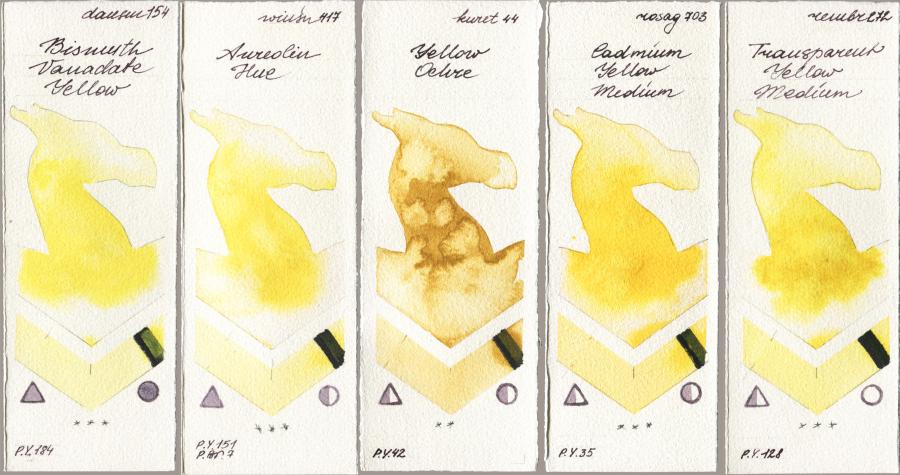 Daniel Smith 154 Bismuth Vanadate Yellow vs Winsor & Newton Professional 417 Aureolin Hue vs Kuretake Gansai Tambi 044 Yellow Ochre vs Rosa Gallery 703 Cadmium Yellow Medium vs Royal Talens Rembrandt Watercolour 272 Transparent Yellow Medium watercolor swatch