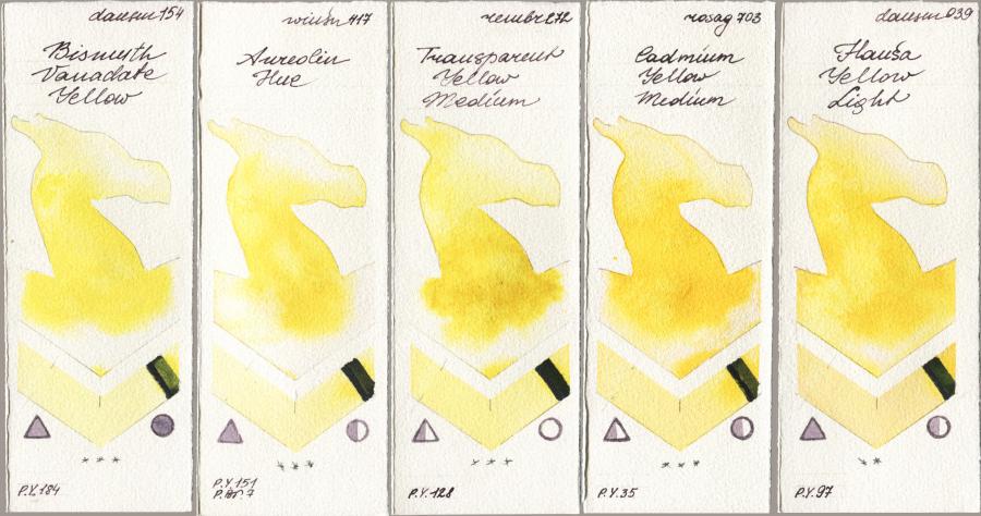 Daniel Smith 154 Bismuth Vanadate Yellow vs Winsor & Newton Professional 417 Aureolin Hue vs Royal Talens Rembrandt Watercolour 272 Transparent Yellow Medium vs Rosa Gallery 703 Cadmium Yellow Medium vs 039 Hansa Yellow Light watercolor swatch