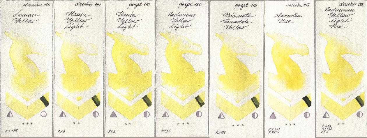Daniel Smith 165 Lemon Yellow, 041 Hansa Yellow Light, Golden QOR 110 Hansa Yellow Light, 120 Cadmium Yellow Light, 115 Bismuth Vanadate Yellow, Winsor & Newton Professional 417 Aureolin Hue, 192 Cadmium Yellow Light H watercolor swatch