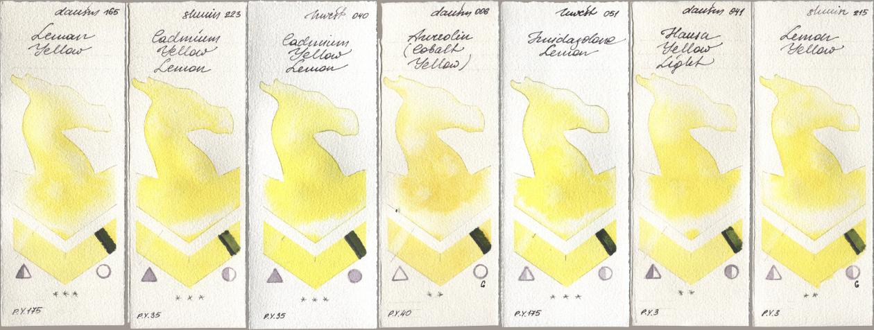 Daniel Smith 165 Lemon Yellow, Shminke Horadam Aquarell 223 Cadmium Yellow Lemon, Holbein Artists Watercolor 040 Cadmium Yellow Lemon, 006 Aureolin (Cobalt Yellow), 051 Imidazolone Lemon, 041 Hansa Yellow Light, 215 Lemon Yell watercolor swatch