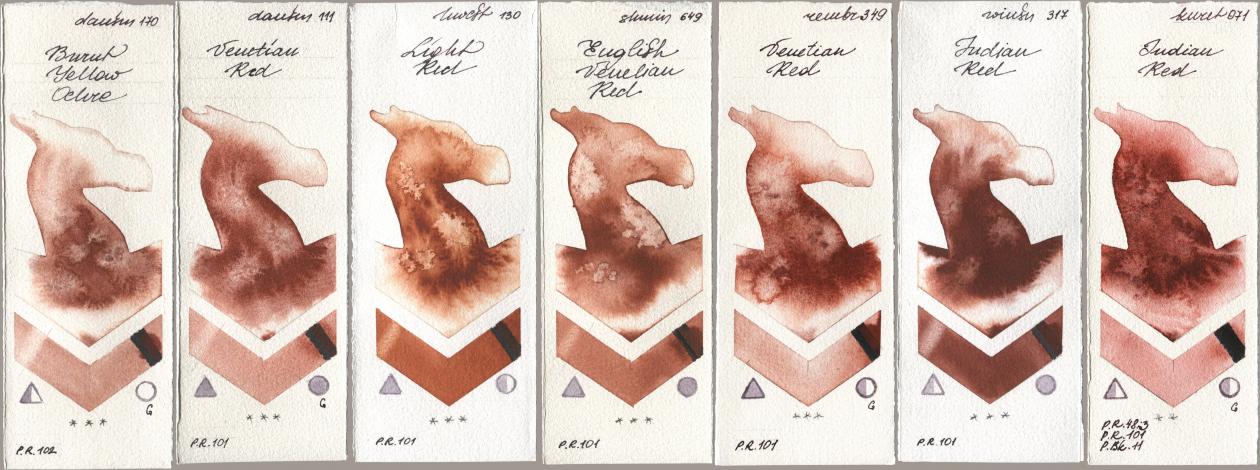 Daniel Smith 170 Burnt Yellow Ochre, 111 Venetian Red, Holbein Artists Watercolor 130 Light Red, Shminke Horadam Aquarell 649 English Venetian Red, Royal Talens Rembrandt Watercolour 349 Venerian Red, Winsor & Newton Professional 317 Indian Red, Kuretake Gansai Tambi 071 Indian R watercolor swatch