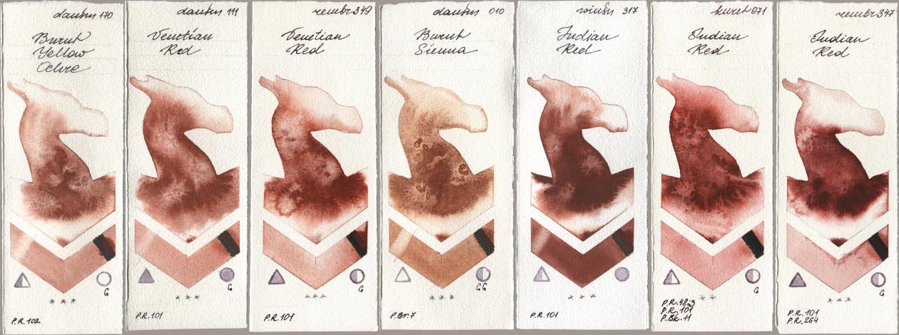 Daniel Smith 170 Burnt Yellow Ochre, 111 Venetian Red, Royal Talens Rembrandt Watercolour 349 Venerian Red, 010 Burnt Sienna, Winsor & Newton Professional 317 Indian Red, Kuretake Gansai Tambi 071 Indian Red, 347 Indian R watercolor swatch