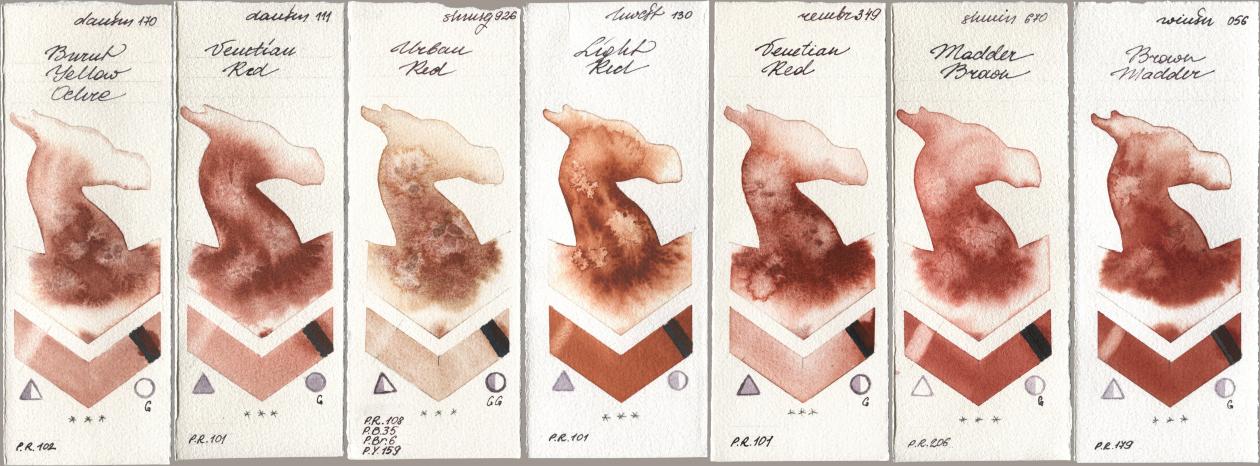 Daniel Smith 170 Burnt Yellow Ochre, 111 Venetian Red, Shminke Horadam Aquarell 926 Urban Red, Holbein Artists Watercolor 130 Light Red, Royal Talens Rembrandt Watercolour 349 Venerian Red, 670 Madder Brown, Winsor & Newton Professional 056 Brown Madd watercolor swatch
