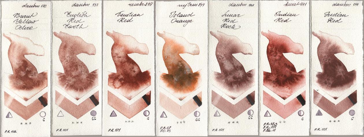 Daniel Smith 170 Burnt Yellow Ochre, 137 English Red Earth, Royal Talens Rembrandt Watercolour 349 Venerian Red, Mijello Mission Gold 844 Island Orange, 141 Lunar Red Rock, Kuretake Gansai Tambi 071 Indian Red, 044 Indian R watercolor swatch