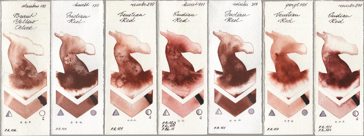 Daniel Smith 170 Burnt Yellow Ochre, Holbein Artists Watercolor 135 Indian Red, Royal Talens Rembrandt Watercolour 349 Venerian Red, Kuretake Gansai Tambi 071 Indian Red, Winsor & Newton Professional 317 Indian Red, Golden QOR 465 Venetian Red, 347 Indian R watercolor swatch