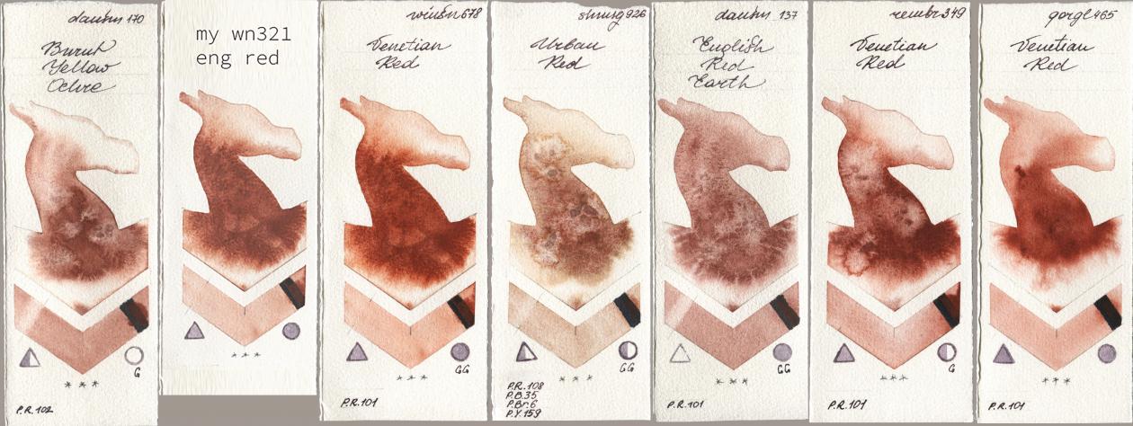 Daniel Smith 170 Burnt Yellow Ochre, my 034 eng red, Winsor & Newton Professional 678 Venetian Red, Shminke Horadam Aquarell 926 Urban Red, 137 English Red Earth, Royal Talens Rembrandt Watercolour 349 Venerian Red, Golden QOR 465 Venetian R watercolor swatch