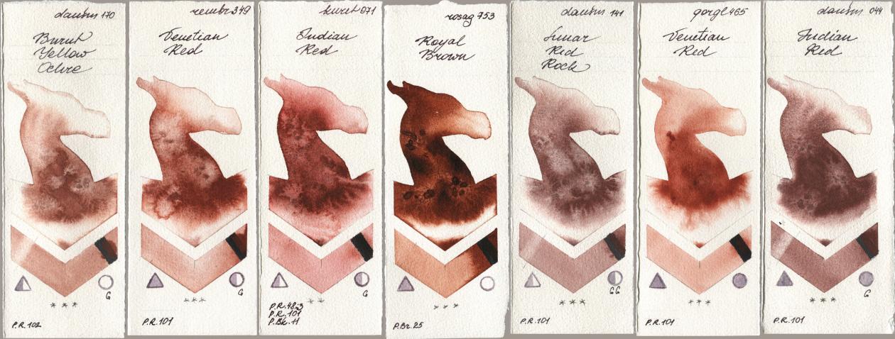 Daniel Smith 170 Burnt Yellow Ochre, Royal Talens Rembrandt Watercolour 349 Venerian Red, Kuretake Gansai Tambi 071 Indian Red, Rosa Gallery 753 Royal Brown, 141 Lunar Red Rock, Golden QOR 465 Venetian Red, 044 Indian R watercolor swatch