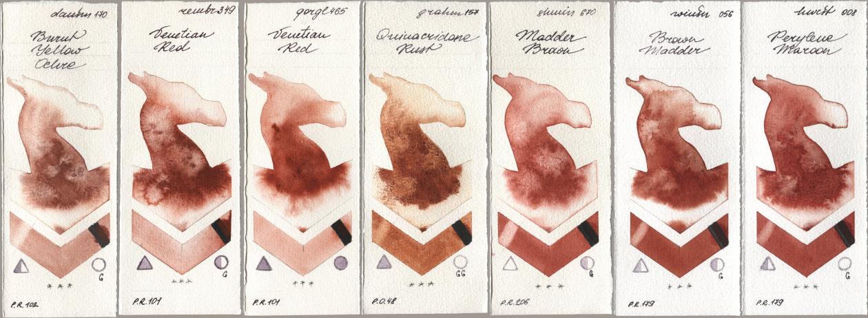 Daniel Smith 170 Burnt Yellow Ochre, Royal Talens Rembrandt Watercolour 349 Venerian Red, Golden QOR 465 Venetian Red, M. Graham & Co. Artists 157 Quinacridone Rust, Shminke Horadam Aquarell 670 Madder Brown, Winsor & Newton Professional 056 Brown Madder, Holbein Artists Watercolor 008 Perylene Maro watercolor swatch