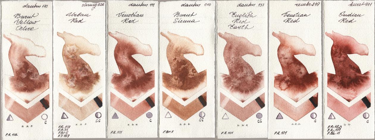 Daniel Smith 170 Burnt Yellow Ochre, Shminke Horadam Aquarell 926 Urban Red, 111 Venetian Red, 010 Burnt Sienna, 137 English Red Earth, Royal Talens Rembrandt Watercolour 349 Venerian Red, Kuretake Gansai Tambi 071 Indian R watercolor swatch