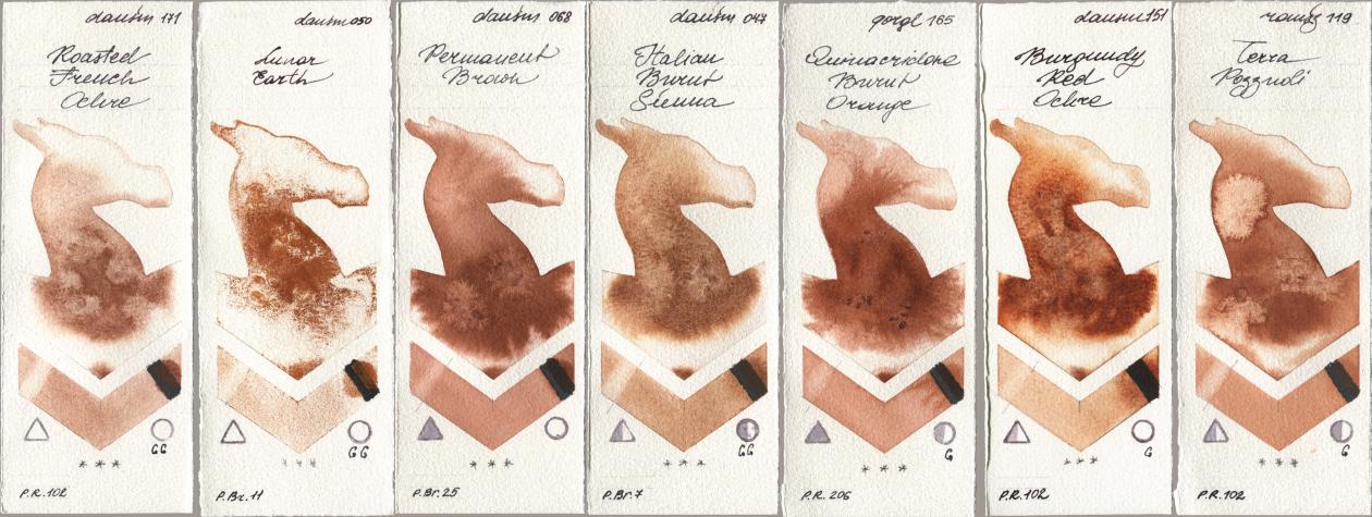 Daniel Smith 171 Roasted French Ochre, 050 Lunar Earth, 068 Permanent Brown, 047 Italian Burnt Sienna, Golden QOR 165 Quinacridone Burnt Orange, 151 Burgundy Red Ochre, Roman Szmal Aquarius 119 Terra Pozzuo watercolor swatch